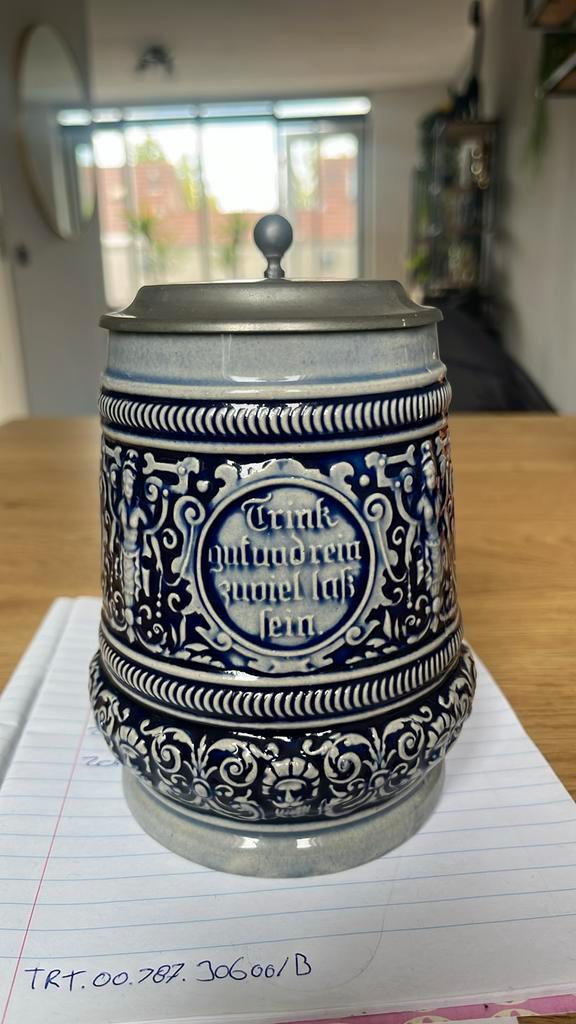Antieke Bierpul met Tin Deksel –Uniek Verzamelobject!, Antiek en Kunst, Antiek | Keramiek en Aardewerk, Ophalen of Verzenden