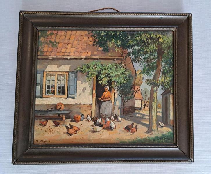 B.v. Reenen oud Hollands schilderij paneel kippen boerderij, Huis en Inrichting, Woonaccessoires | Schilderijen, Tekeningen en Foto's