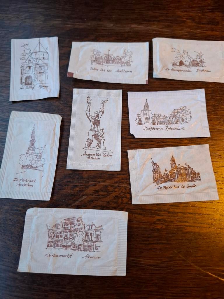 8 Suikerzakjes met Nederlandse Gebouwen en Plaatsen, Ophalen of Verzenden, Nederland