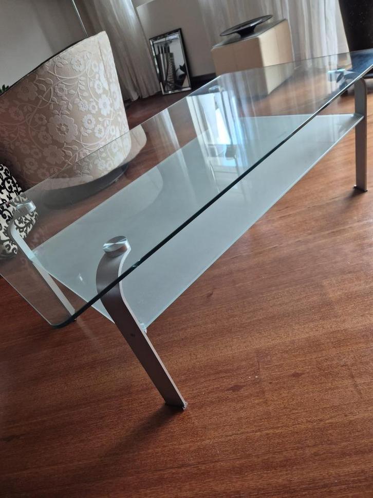 Mooie glazen design salontafel, Huis en Inrichting, Tafels | Salontafels, Gebruikt, Minder dan 50 cm, 50 tot 100 cm, 100 tot 150 cm