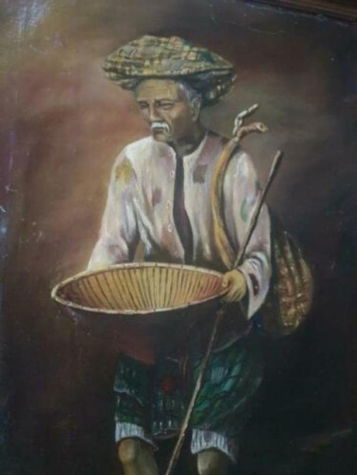 schilderij Indonesië Java oude man gesign Mian ? Maan ?, Antiek en Kunst, Kunst | Schilderijen | Klassiek, Ophalen