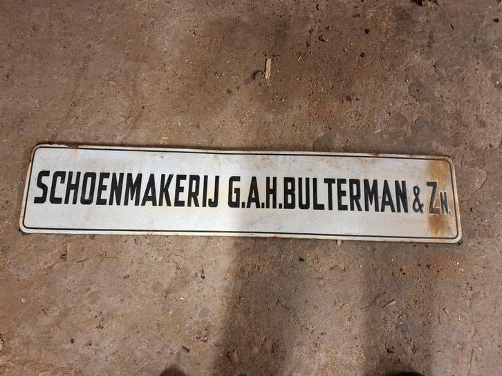 Oud Emaille Reclamebord Schoenmakerij 120x25cm, Verzamelen, Merken en Reclamevoorwerpen, Gebruikt, Reclamebord, Ophalen of Verzenden