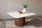 Travertin salontafel met houten voet – 80x80x40 cm, 50 tot 100 cm, Japandi Stijl, Nieuw, Minder dan 50 cm