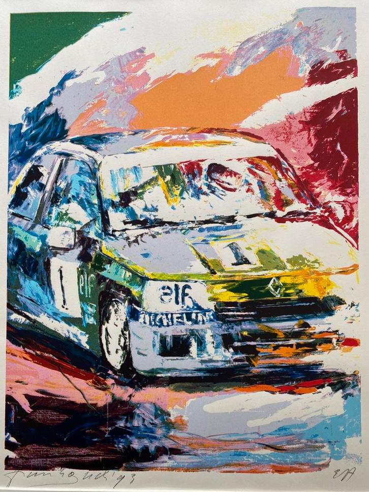 Renault Clio Rally Orginele hand gesigneerde litho, Antiek en Kunst, Kunst | Litho's en Zeefdrukken, Ophalen