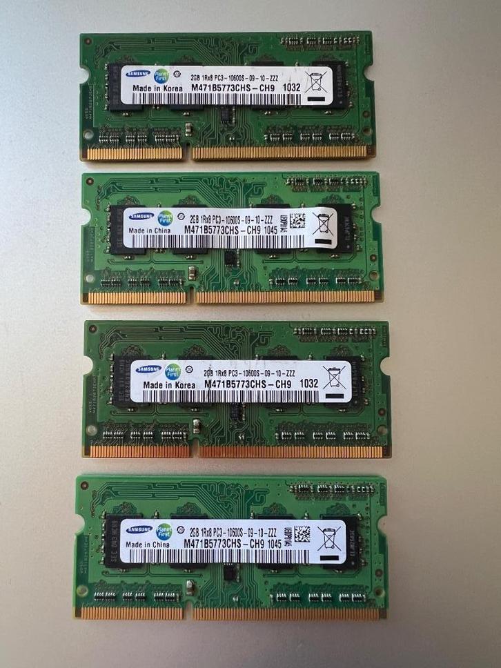 2GB SO-DIMM ddr3 1333 MHz Samsung 4 stuks, Computers en Software, RAM geheugen, Gebruikt, Laptop, 8 GB, DDR3, Ophalen of Verzenden