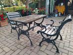 Tuinset tafel met 2 stoelen gietijzer met hardhouten latten, Gebruikt, Stoel, Tuinset, Hout