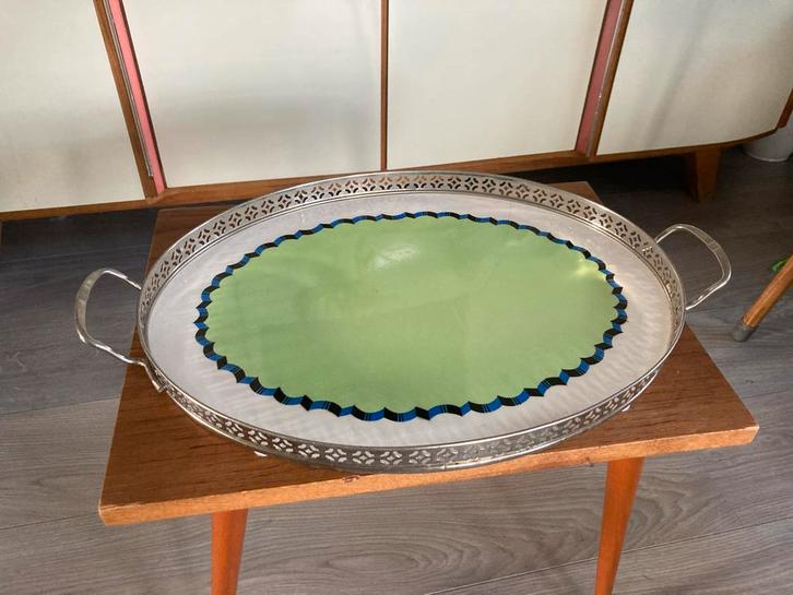 Zilveren dienblad met keramiek inleg, Huis en Inrichting, Woonaccessoires | Schalen en Manden, Gebruikt, Schaal, Ovaal, Porselein of Keramiek