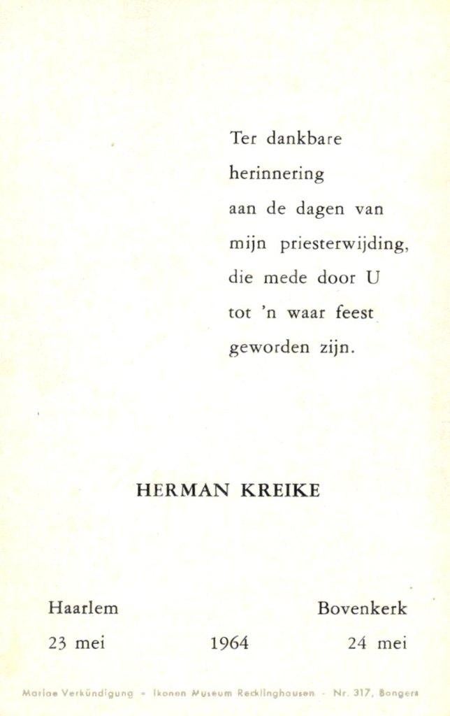 Kreike Herman Haarlem 1964 Bovenkerk, Verzamelen, Bidprentjes en Rouwkaarten, Ophalen of Verzenden