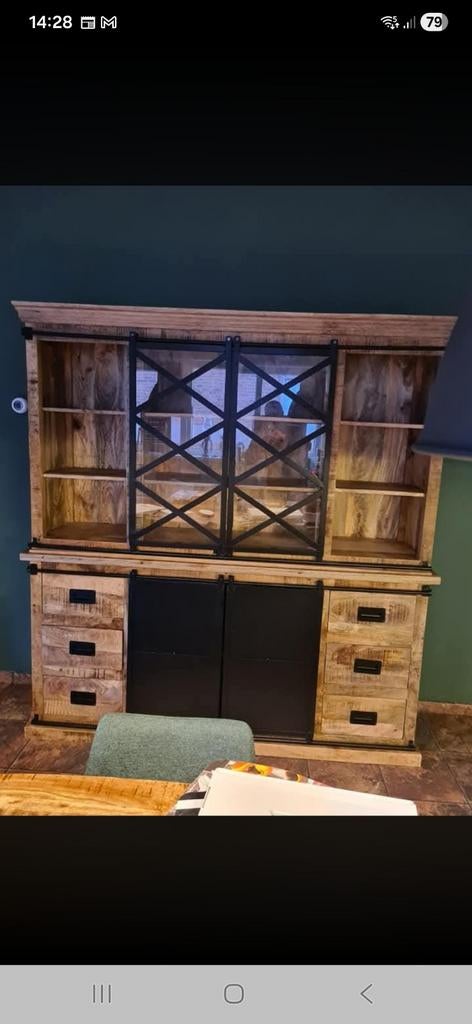 Grote Mango houten buffetkast, Ophalen, Met plank(en), 200 cm of meer, 150 tot 200 cm