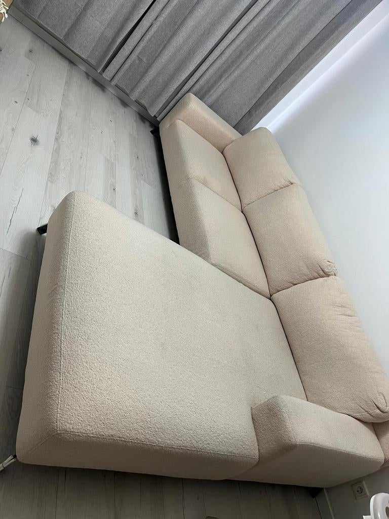 Comfortabele beige hoekbank met chaise longue, Ophalen, 100 tot 125 cm, Driepersoons, Zo goed als nieuw