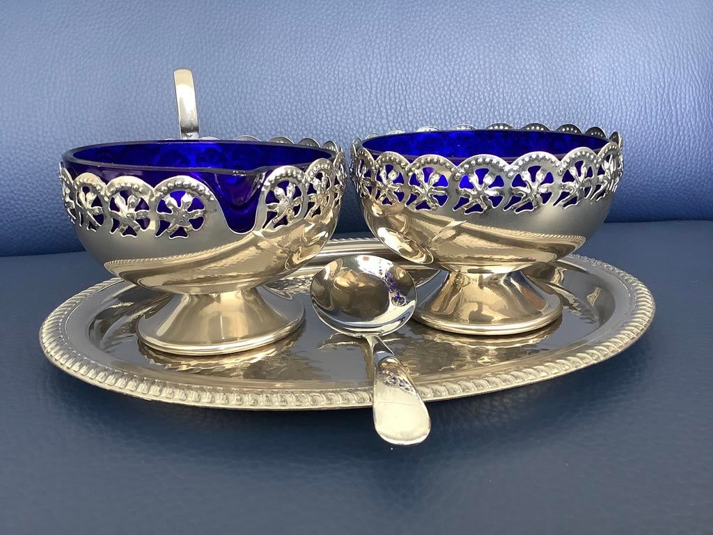 Room- en suikerstel - klassiek Engels ontwerp - kobaltblauw, Overige typen, Ophalen of Verzenden, Overige stijlen, Glas