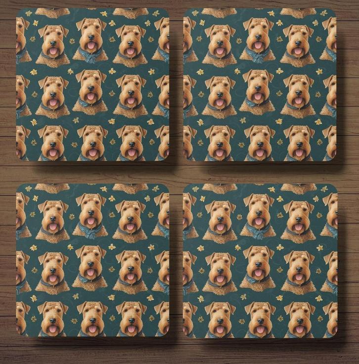 Airedale Terriër patroon onderzetters met houder, Huis en Inrichting, Woonaccessoires | Onderzetters, Nieuw, Glas of Kopje, Ophalen of Verzenden