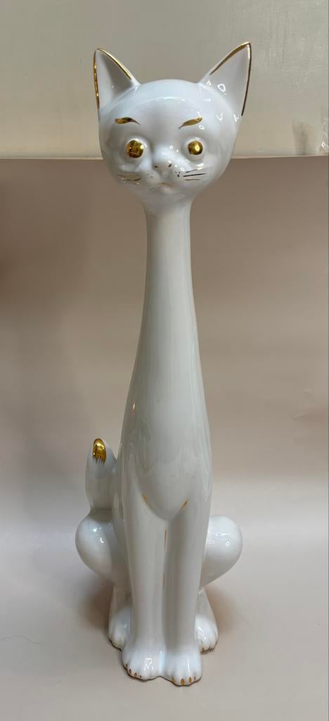 XL Vintage Longneck Kat Beeld - Wit met Gouden Details, Ophalen of Verzenden