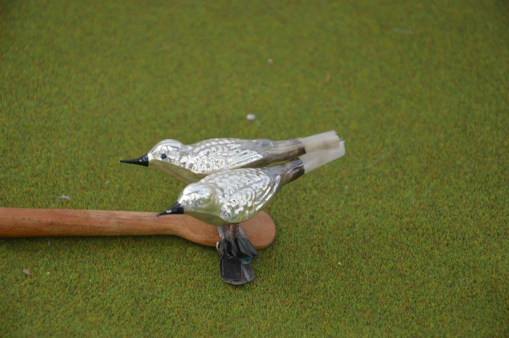 Antieke kerstornament met 2 zilveren vogeltjes op 1 clip, Ophalen of Verzenden, Gebruikt