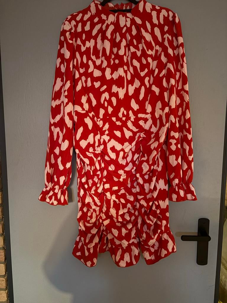Rood-wit jurkje met dierenprint en ruches, Maat 38/40 (M), Ophalen of Verzenden, Zo goed als nieuw, Boven de knie