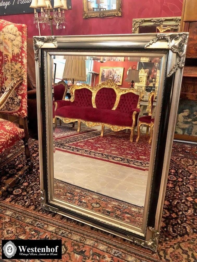 Groot spiegel klassiek / antieke barok zilver, zwarte lijst, Antiek en Kunst, Ophalen, Rechthoekig, 50 tot 100 cm, 100 tot 150 cm