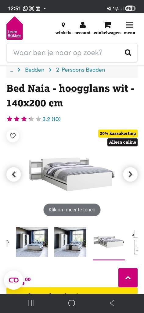 Bed Naia Leen Bakker, Ophalen, Wit, Tweepersoons, 140 cm