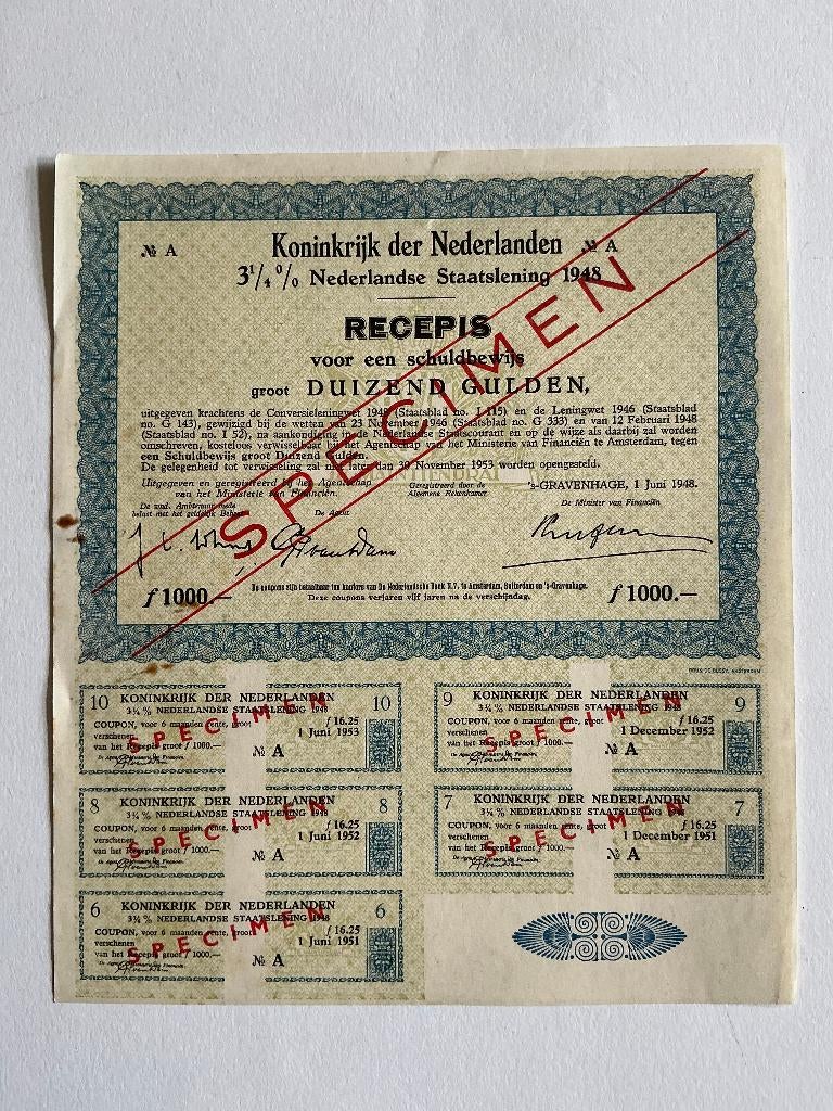 3¼% Staatslening 1948, Recepis 1000 Gulden, Specimen, Postzegels en Munten, Aandelen en Waardepapieren, Ophalen of Verzenden, 1920 tot 1950