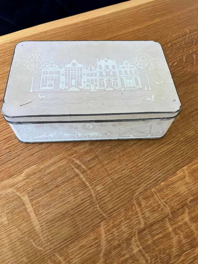 Vintage Verkade blikken trommel met Hollandse taferelen, Ophalen of Verzenden, Gebruikt, Koek(jes), Overige merken