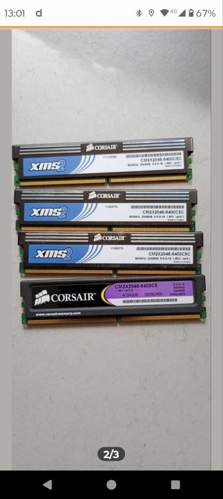 2xCorsair ddr2 2GB 800 Mhz xms2-6400, Computers en Software, RAM geheugen, Gebruikt, Ophalen of Verzenden, DDR2, Desktop
