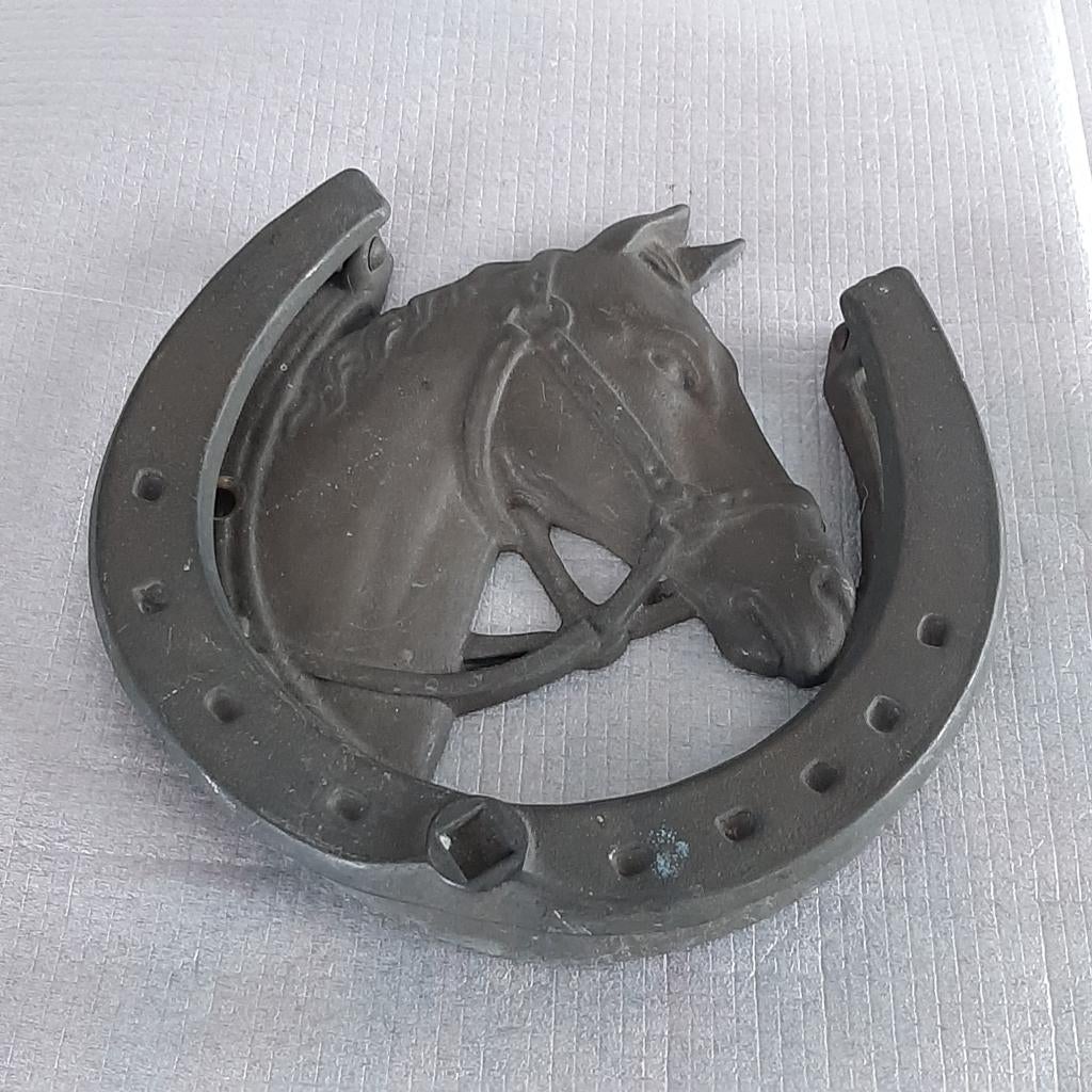 Vintage deurklopper paardenhoofd in hoefijzer - koper, Antiek en Kunst, Ophalen of Verzenden, Koper