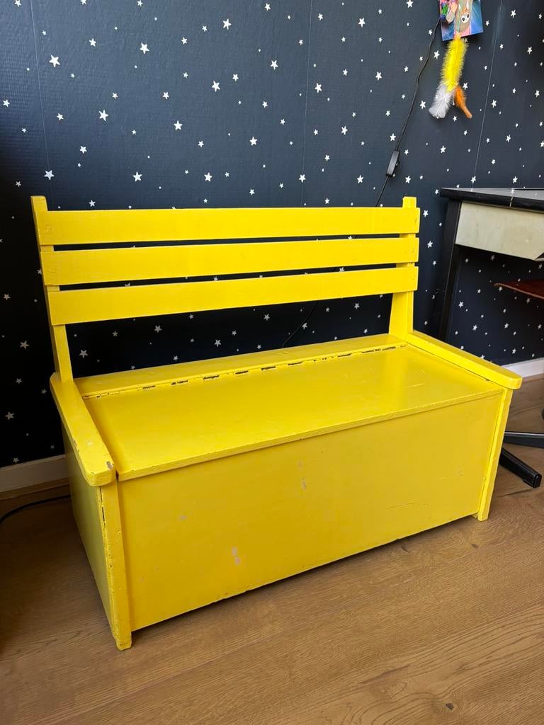 Retro klepbankje geel speelgoed opbergen, Ophalen, Gebruikt, Overige typen