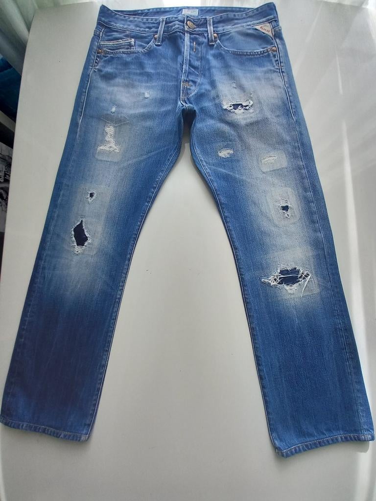 REPLAY BLUE REGULAR STRAIGHT DESTROY JEANS SIZE 32/28, Kleding | Heren, Spijkerbroeken en Jeans, Ophalen of Verzenden, Zo goed als nieuw