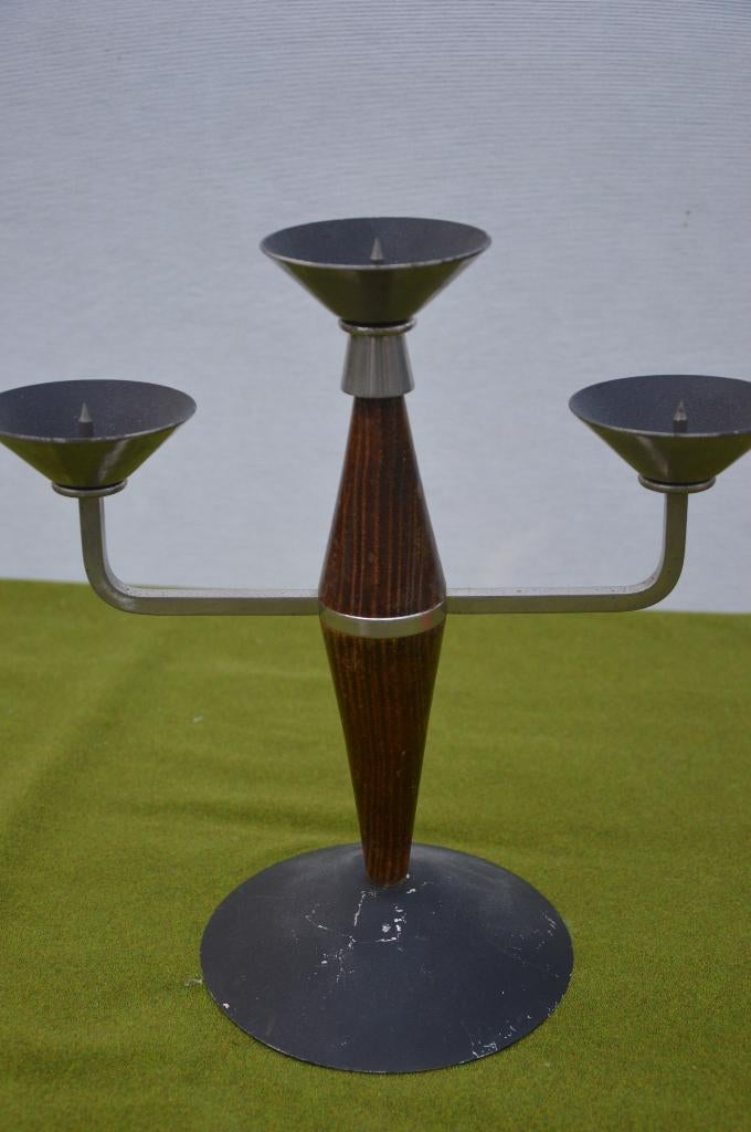 Vintage 3-armige kandelaar Scandinavisch, teakhout en chroom, Antiek en Kunst, Antiek | Kandelaars, Ophalen of Verzenden, Overige materialen