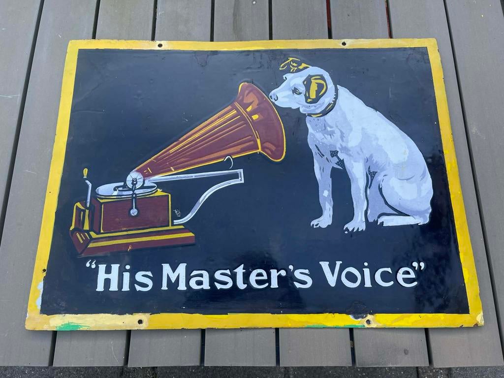 Emaille Oud His master voice bord, Ophalen of Verzenden, Gebruikt, Reclamebord