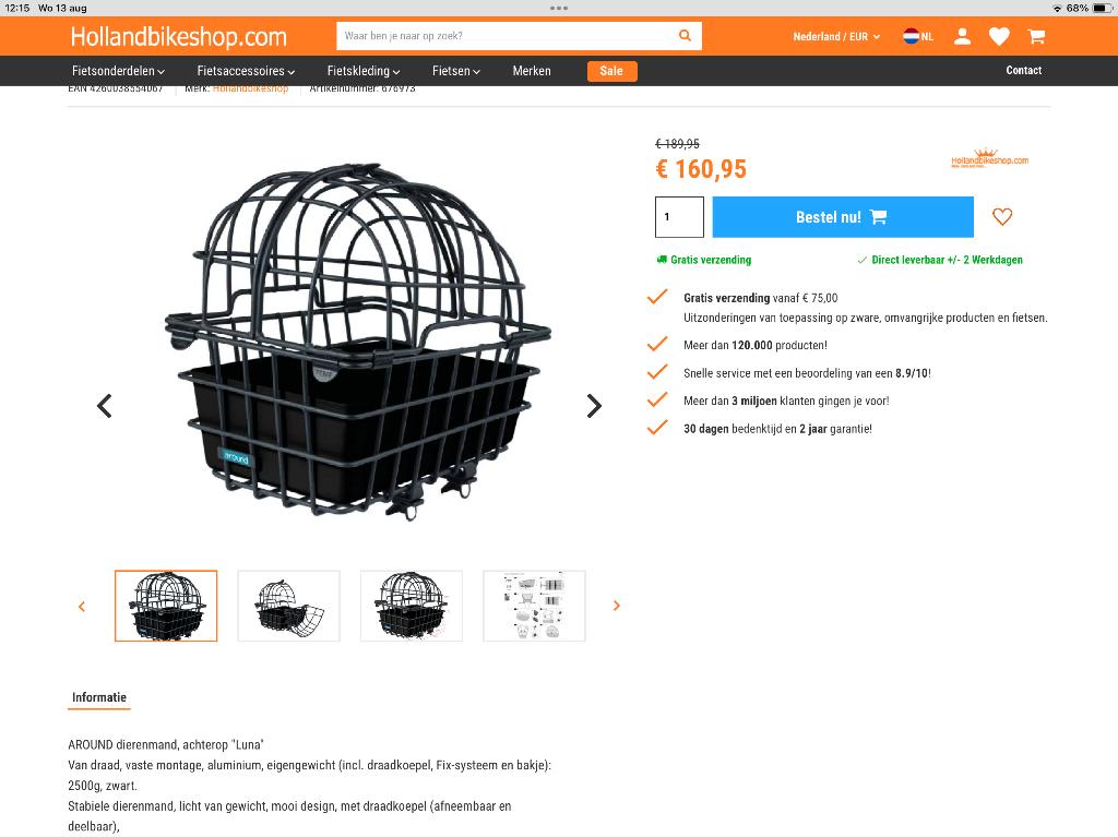 Luxe fietsmandje voor hond, Ophalen, Zo goed als nieuw