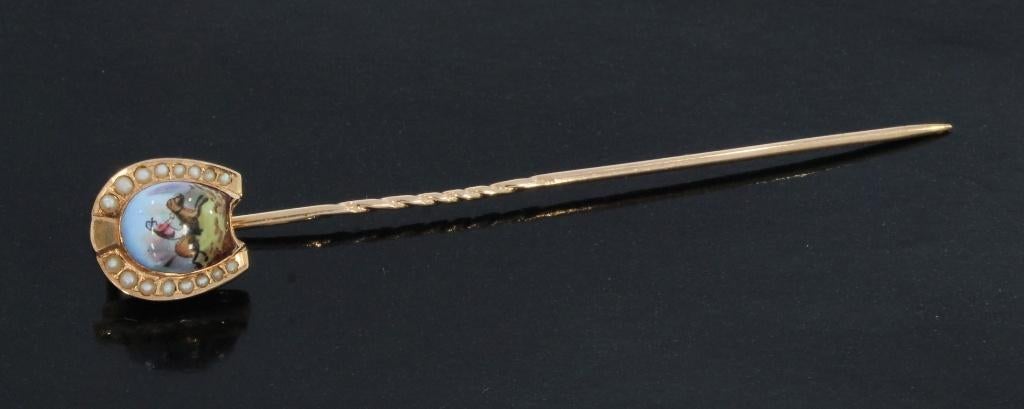 Jockey te paard 14k gouden antieke speld das broche, Verzenden, Goud, Broche, Met edelsteen