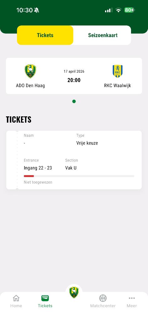 Ticket ADO-RKC, ADO Den Haag, Ticket, Losse kaart, Eén persoon, April
