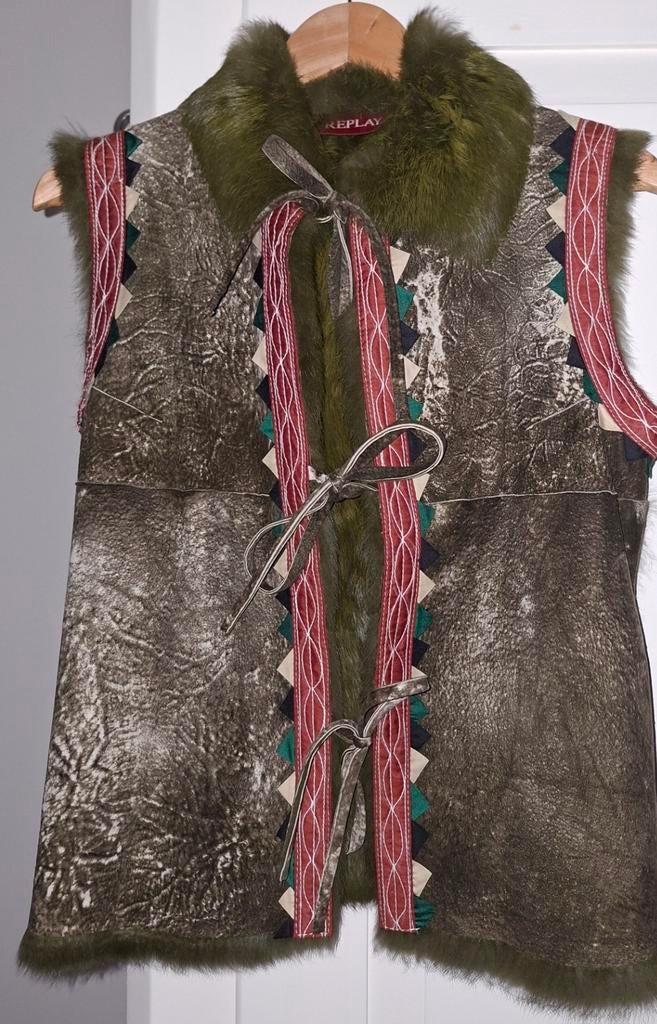 Vintage Replay leren/bont bodywarmer, Ophalen, Zo goed als nieuw, Maat 38/40 (M), Bruin