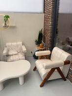 2 x nieuwe Japandi fauteuils walnootlook met beige stof, Ophalen, 75 tot 100 cm, Zo goed als nieuw, Stof