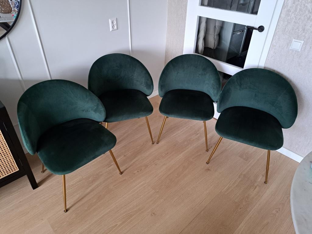 4 groene velvet eetkamerstoelen Westwing, Huis en Inrichting, Stoelen, Ophalen, Overige kleuren, Zo goed als nieuw, Vier