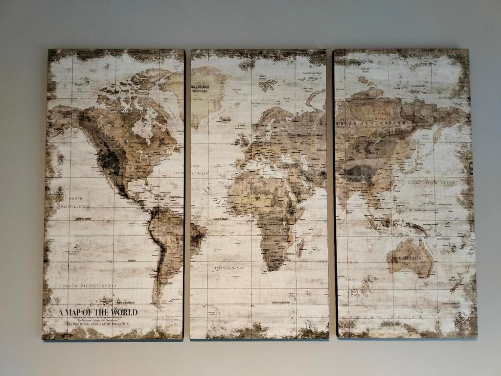Set van 3 schilderijen: Wereldkaart in vintage stijl, Antiek en Kunst, Ophalen