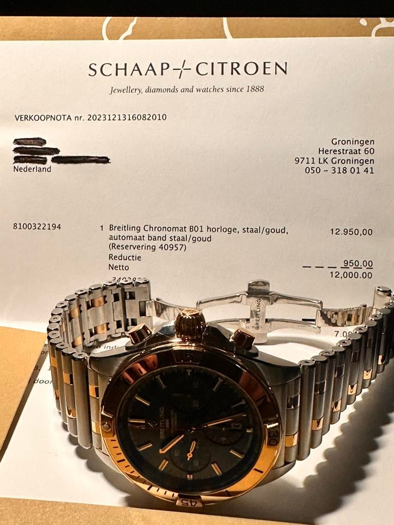 Breitling Chronomat B01 Roségoud/ blauwe wijzerplaat., Ophalen, Staal, Breitling, Polshorloge