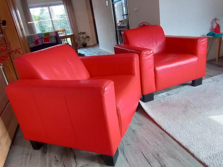Rode leren stoelen, Huis en Inrichting, Fauteuils, Gebruikt, Leer, 75 tot 100 cm, 75 tot 100 cm, Ophalen