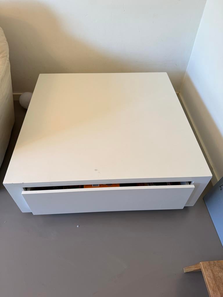 Vierkante salontafel met verborgen lade - 1x1m, 35cm hoog, Ophalen, Overige materialen, Gebruikt, Vierkant