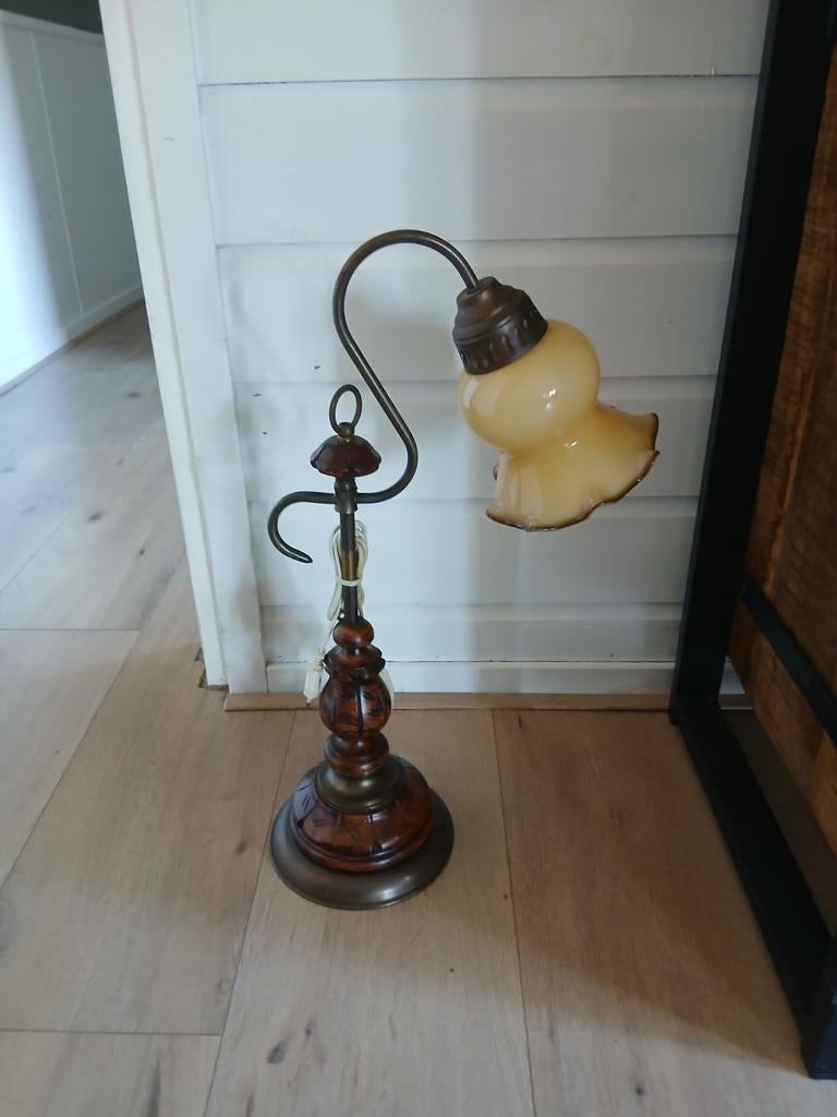 Vintage Tafellamp met Houten Voet en Glazen Kap, Ophalen, Gebruikt, Vintage, Klassiek, Glas