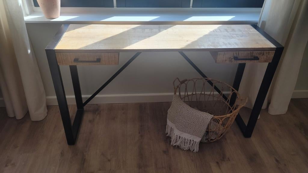 Mooie Houten/Metalen Bureau/Sidetable Kyan, Huis en Inrichting, Tafels | Sidetables, Gebruikt, 100 tot 150 cm, Ophalen, Overige houtsoorten