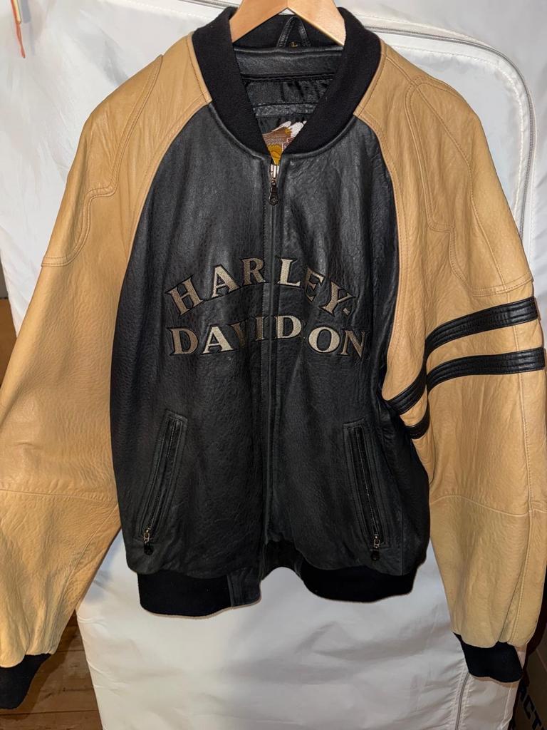 Harley Davidson Leren Jas - Zwart/Beige Bomberstijl, Motoren, Kleding | Motorkleding, Ophalen of Verzenden, Tweedehands, Heren