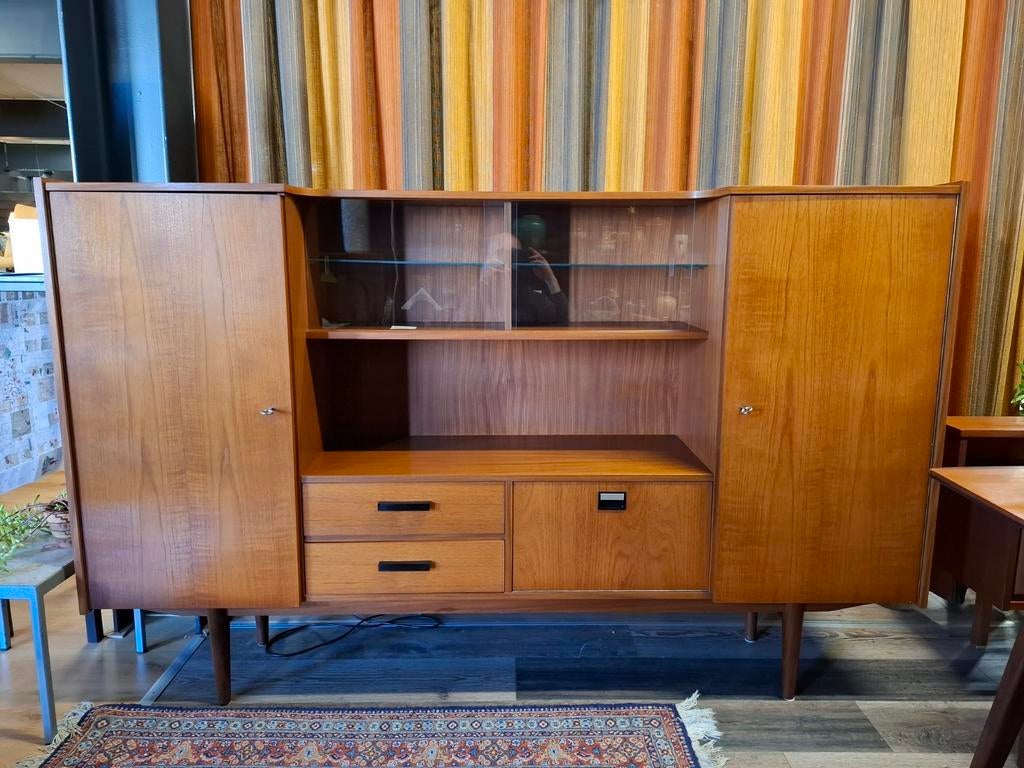 Vintage highboard teak mid century design kast wandkast, 150 tot 200 cm, Onbekend, Ophalen of Verzenden, Zo goed als nieuw