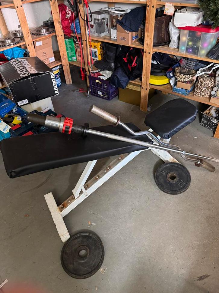 Gewichten, olympische stangen en drukbankje, Sport en Fitness, Fitnessmaterialen, Gebruikt, Halterschijven, Armen, Ophalen of Verzenden