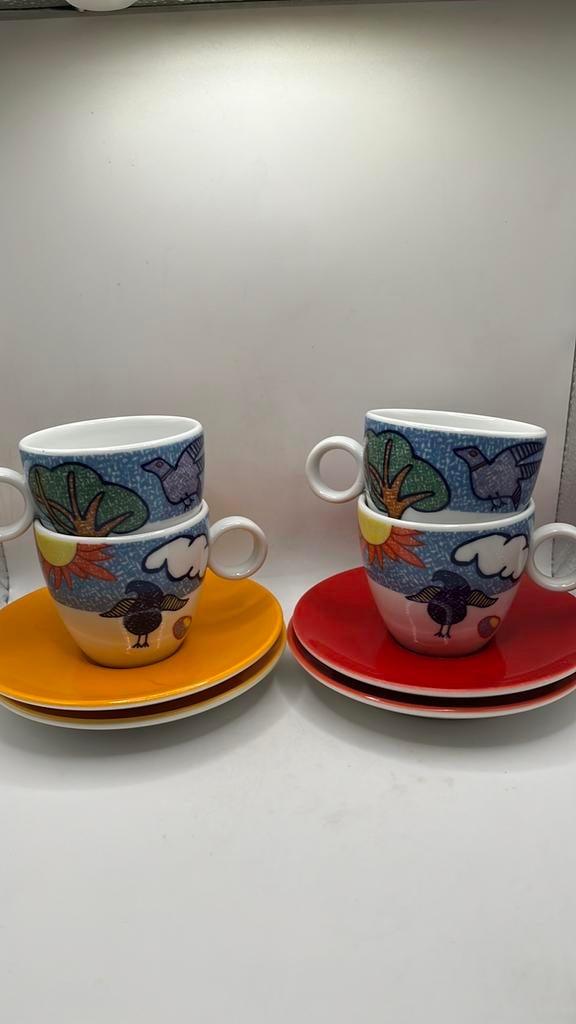 4 Mosa kop- en schotels, rood en oranje schoteltjes., Huis en Inrichting, Keuken | Servies, Ophalen of Verzenden, Zo goed als nieuw