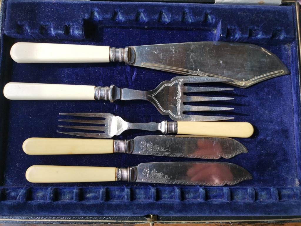 Antiek visbestek 5 delig Gladwin Sheffield rond 1930, Antiek en Kunst, Ophalen of Verzenden