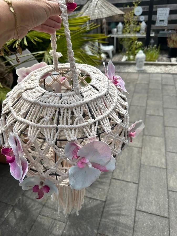 Bohemian / ibiza windlicht macramé met bloemen, Ophalen of Verzenden, Zo goed als nieuw, Overige materialen, Minder dan 25 cm