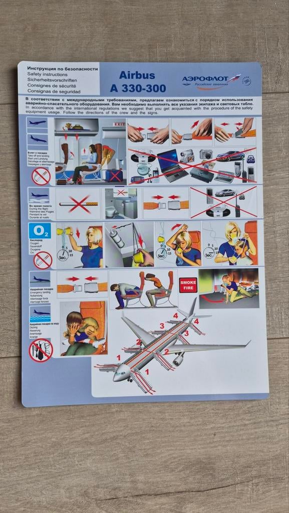 Aeroflot Airbus A330-300 safety card, Verzenden, Zo goed als nieuw, Kaart, Foto of Prent