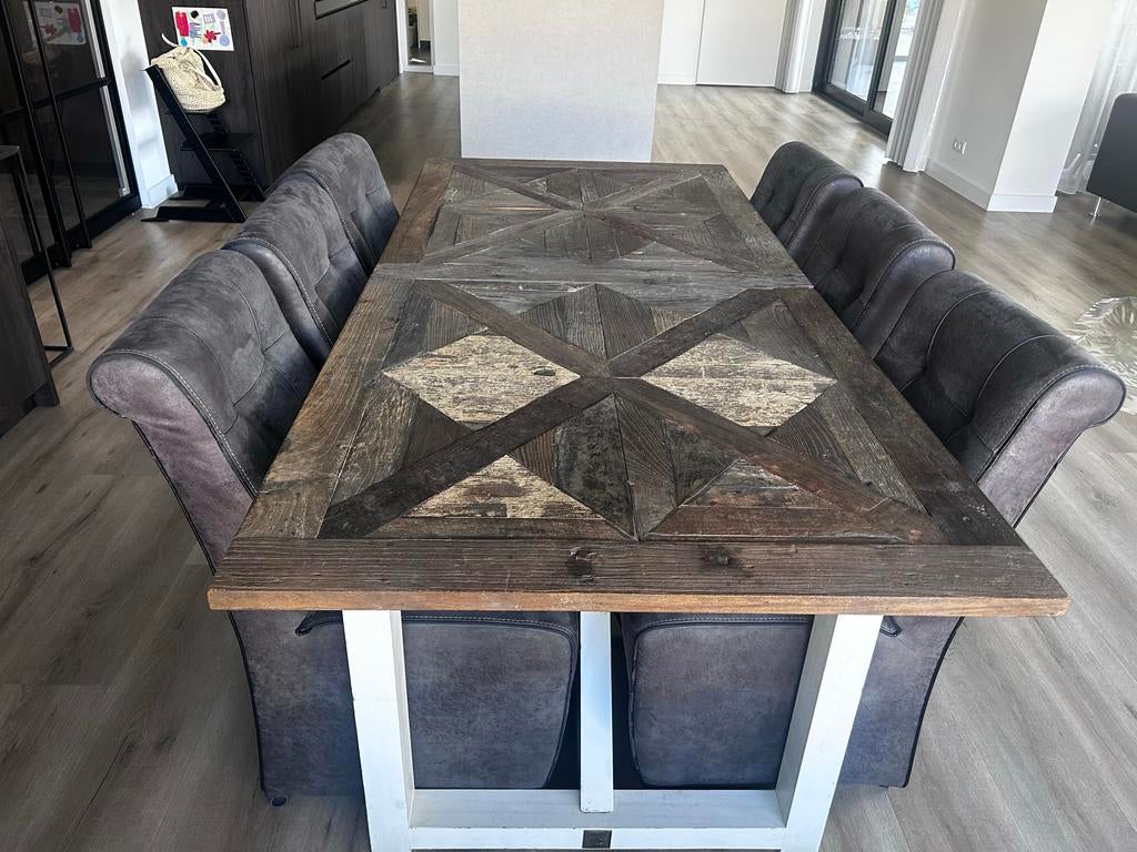 Robuuste Rivièra Maison eettafel met 6 stoelen op wieltjes, Huis en Inrichting, Ophalen, Gebruikt, 100 tot 150 cm, Vijf personen of meer