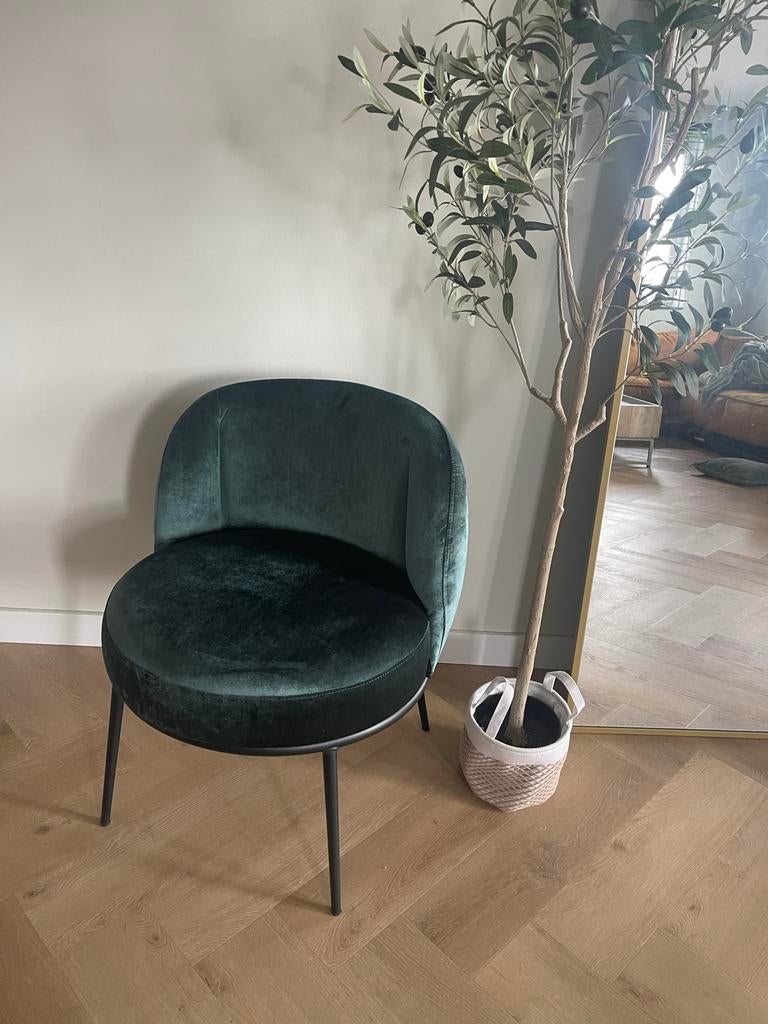 Design stoel Satelliet - Velours groen met metalen onderstel, Huis en Inrichting, Stoelen, Ophalen, Overige kleuren, Nieuw, Metaal